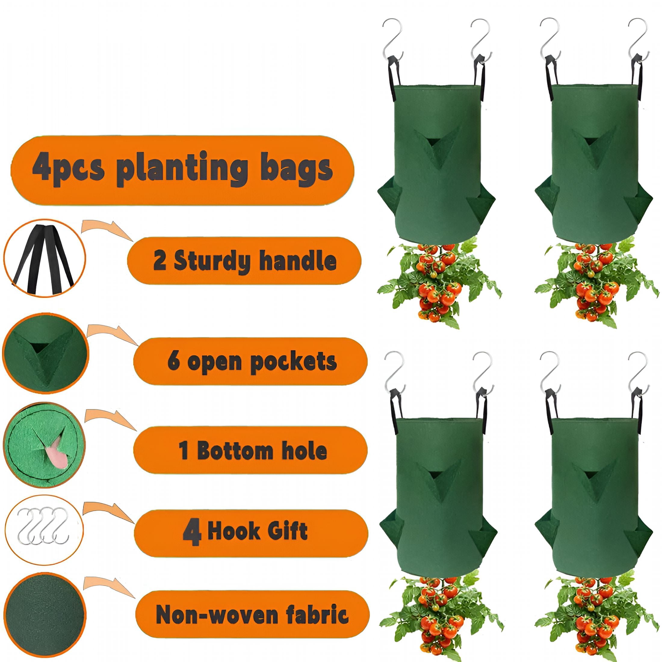 MISSMILE 4Pack Upside Down Strawberry Planter, 3 Gallon Hanging Grow Bags for Tomato Vegetables 6 Planting Holes with 4 Hooks,Upside Down Strawberry Plant Hanger Vegetable Planting Bags for House