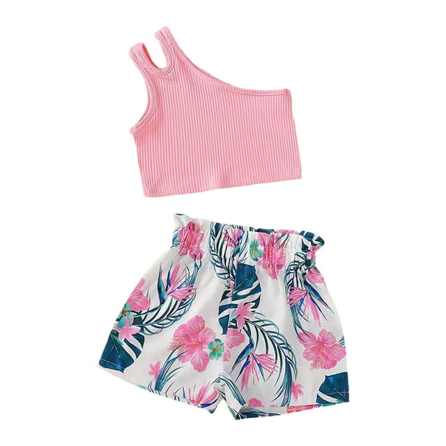 Toimothcn Kids Girls Outfit Set Sleeveless Casual Floral Printed Ribbed Romper Stretchy Shorts With Hairbands 3Pcs Outfit Sets Soft Comfortable Clothes Set Comfy Girl'S Dailywear