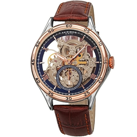 Akribos XXIV Men's Skeleton Dress Watch - Rose Gold Bezel around See Through Dial with Blue Accents on Brown Genuine Leather Crocodile Strap -
