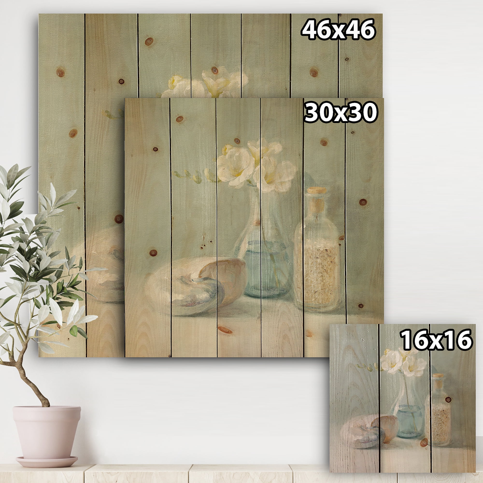 Designart 'Pastel Bath Accessories II' Nautical & Beach Print on Natural Pine Wood