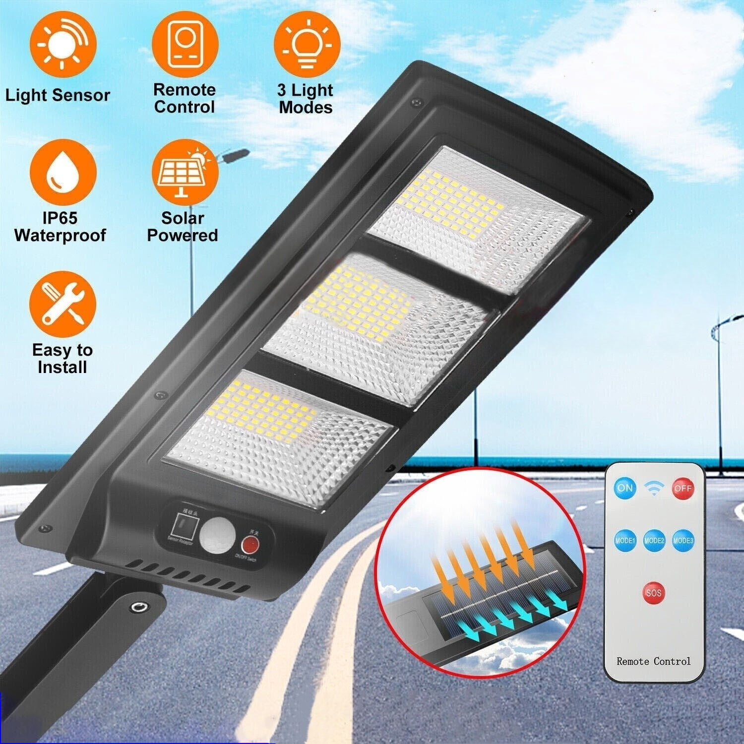 Solar Street Light Outdoor, 4000LM Motion Sensor Solar Outdoor Lights with Remote Control, Auto on/off Dusk to Dawn Street Flood Lamp for Outside Yard, Garden, Patio