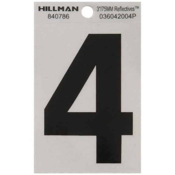 Hillman Group 840786 3 in. Black & Silver Reflective Mylar Square Cut Self Adhesive Number - 4