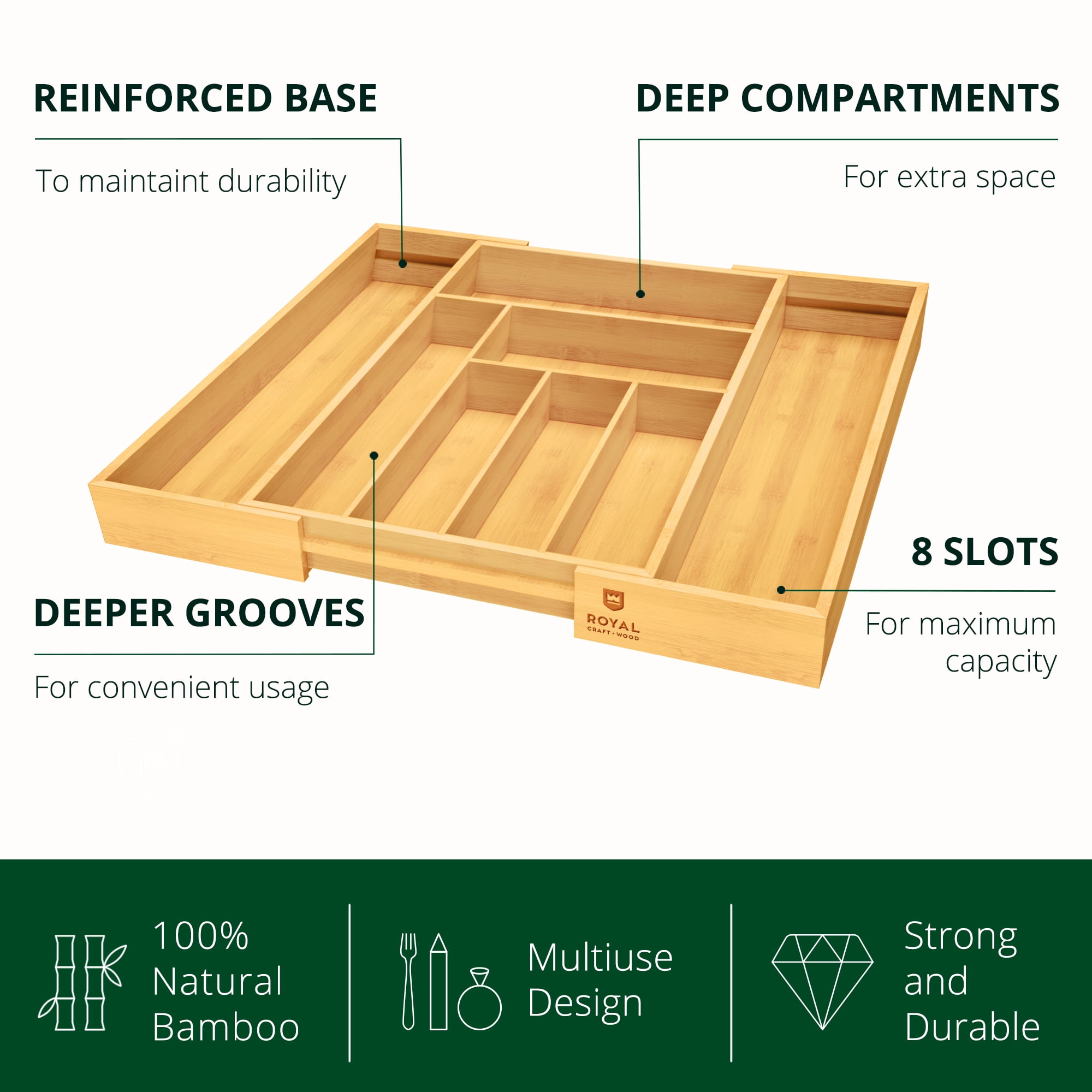 Royal Craft Wood Bamboo Kitchen Drawer Organizer – Expandable Silverware Holder, Utensil & Cutlery Tray with Knife Storage – Office & Desk Drawer Organization (6–8 Slot, Natural)