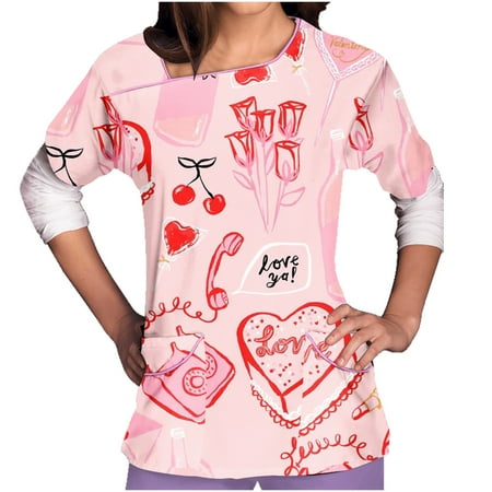 

Stamzod Womens Gifts For Valentine S Day Shirts Fashion Love Printed V-Neck Short Sleeve Scrubs Tops With Pockets Summer Women S Working Uniform T-Shirt On Clearance