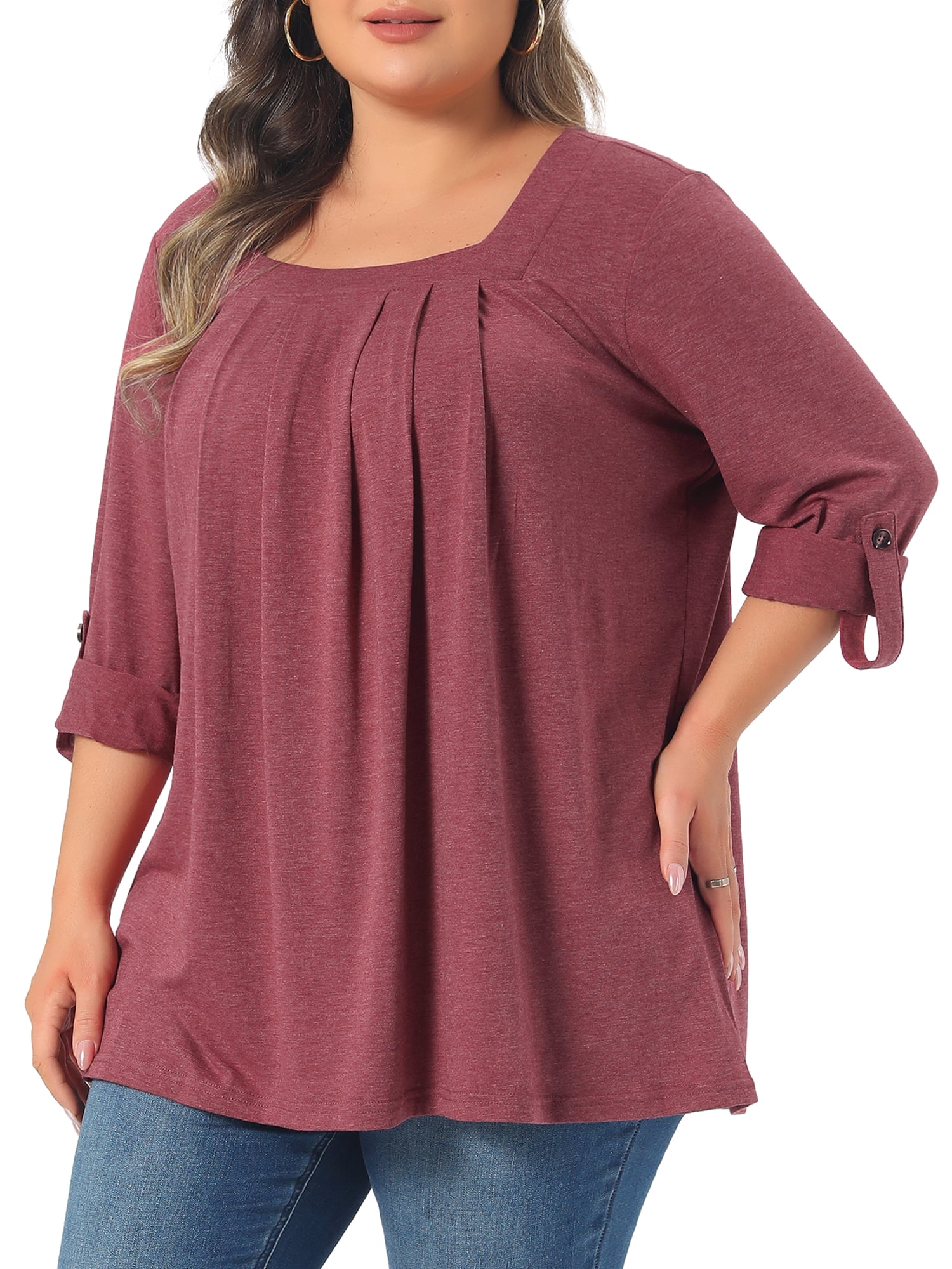 DARING DIVA Women's Plus Long Sleeves Square Neck Flowy Pleated Top 1X Burgundy