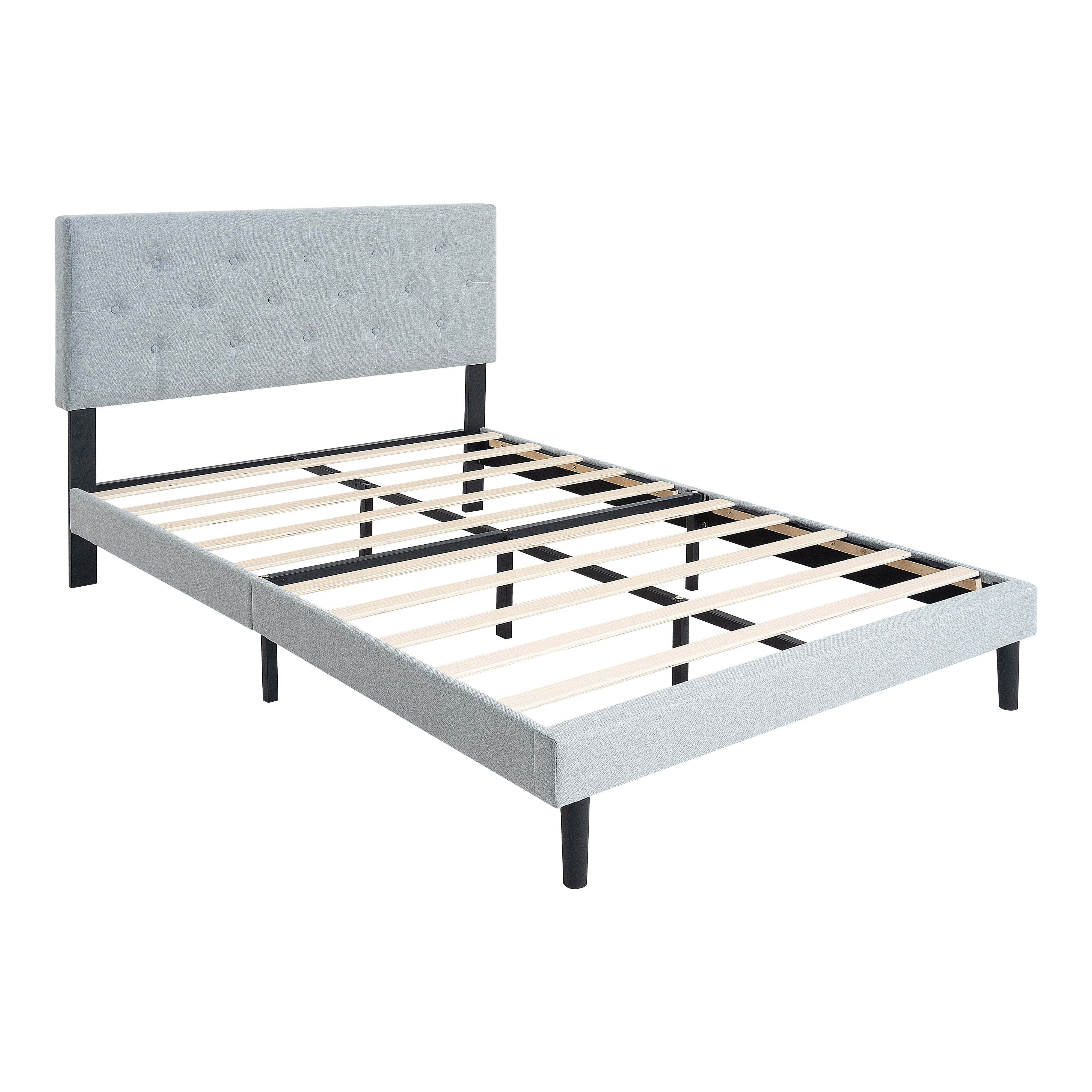 FFZ Upholstered Queen Platform Bed Frame with Button Tufted Linen Headboard, Grey