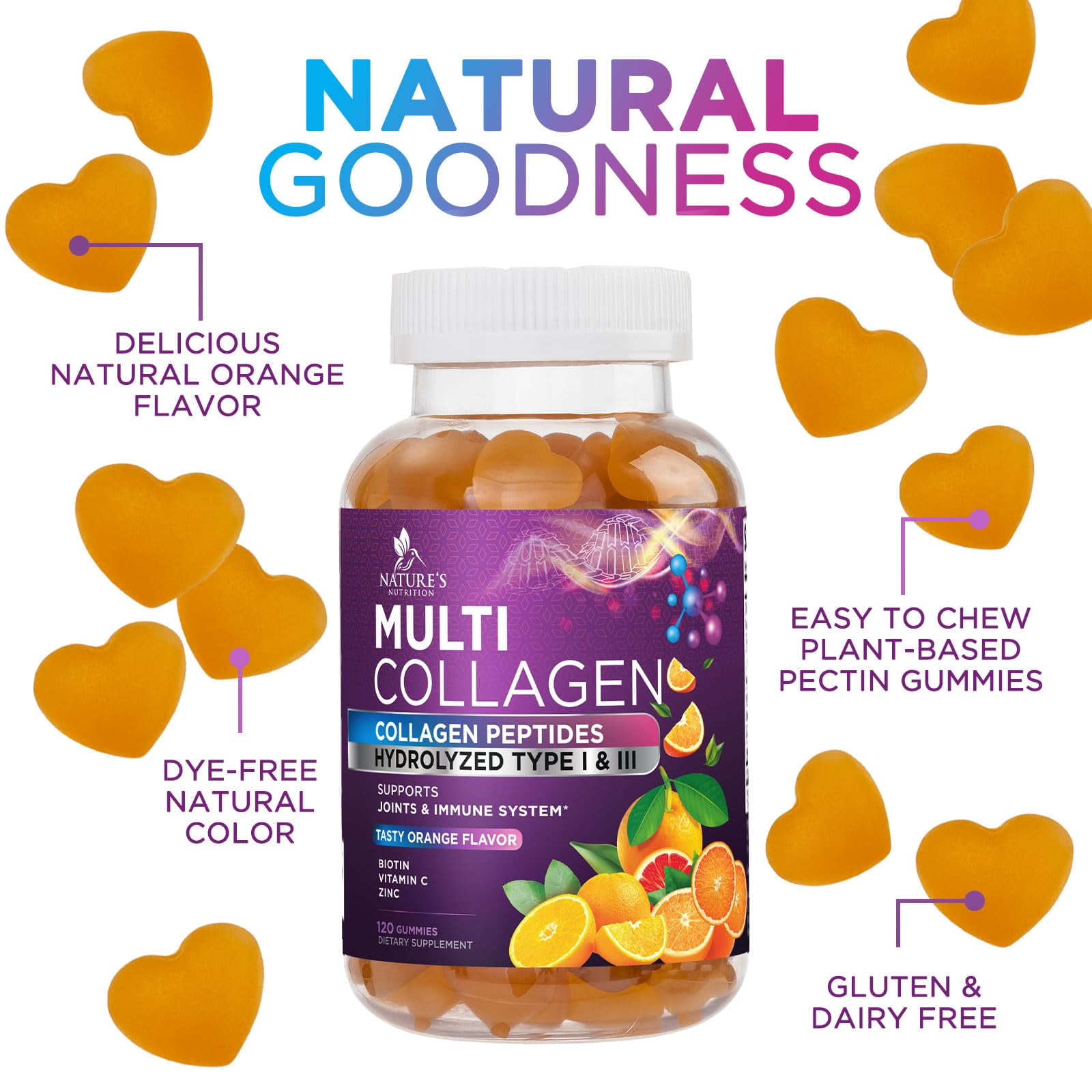 Collagen Supplements Gummies - Hair Growth & Immune Support, Skin & Nails Supplement - 2500mcg Biotin Per Serving - Multi Collagen Hydrolyzed Type 1 & 3, Vitamin C & Zinc, Orange Flavor - 120 Gummies