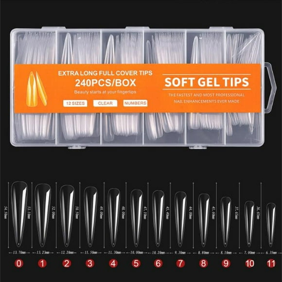 HHBEAUTY Extra Long Square Full Cover Nail Tips 240PCS Clear Full Cover Fake Nails False Nails 12 Sizes Tapered Square Press on Fake Nail Tips for Acrylic Nails Salons Home DIY with Box
