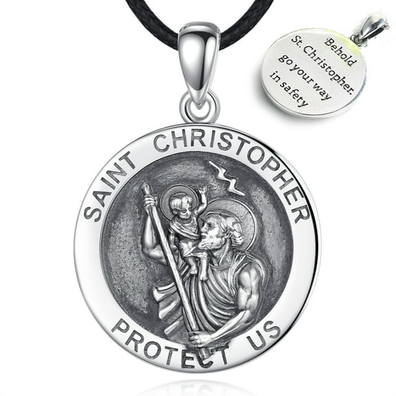 EUDORA Sterling Silver St Christopher Necklace for Man Women, Round " Saint Christopher Protect Us " Good Luck Spiritual Pendant, 24 inches Black Rope