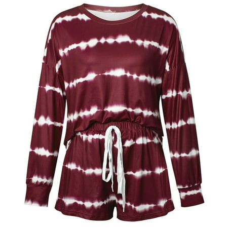 

YeccYuly Women s Tie-Dye Pajama Sets Long Sleeve Tee Tops and Ruffle Short PJ Set Loungewear Nightwear Sleepwear