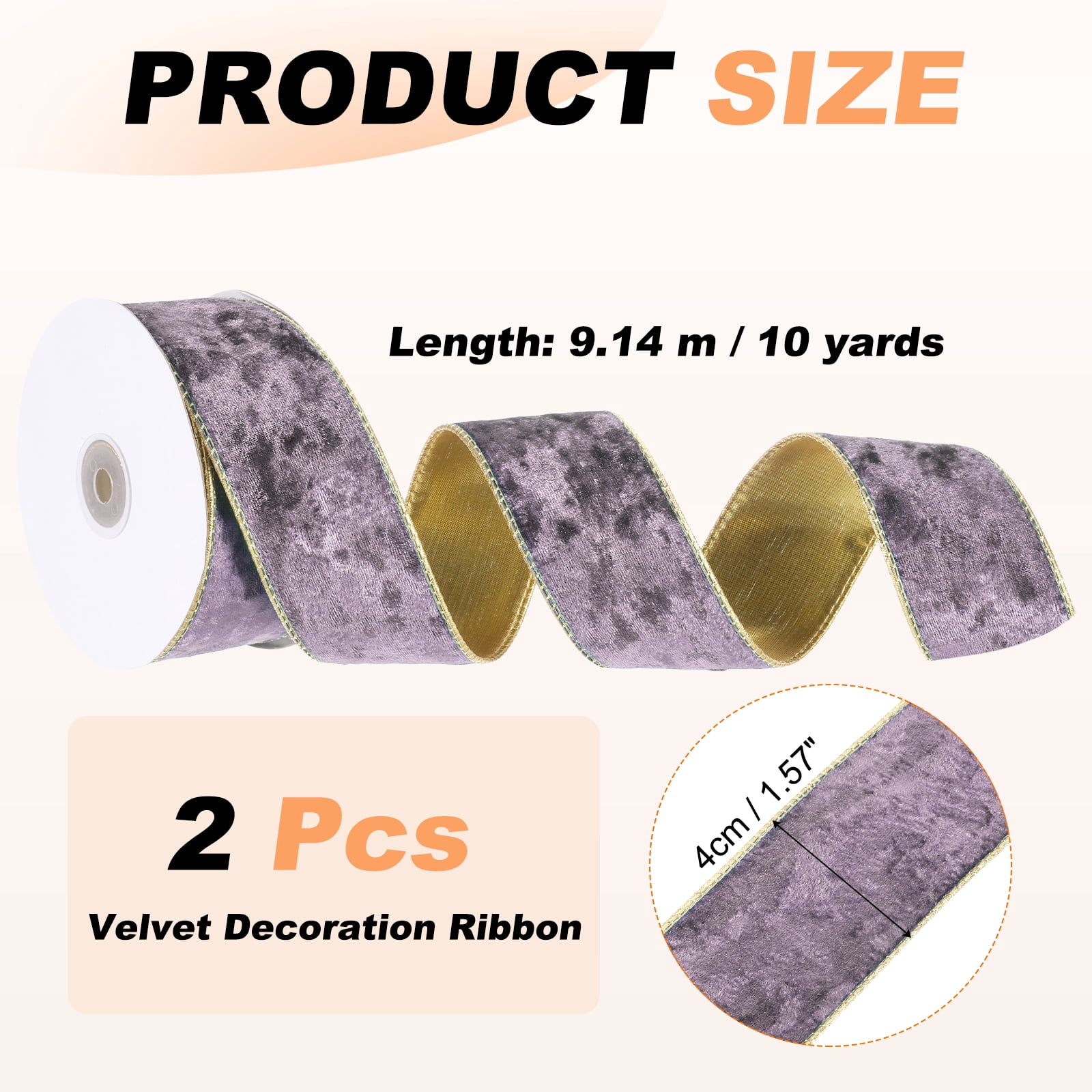 Uxcell Velvet Wired Ribbon, (1.6 Inch x 10 Yards, 2 Pcs)(Dark Purple) Velvety Gold Crushed Ribbons Gift Wrapping Binding, Suit For- Crafts/Bow/Wreaths/Christmas Tree Decoration