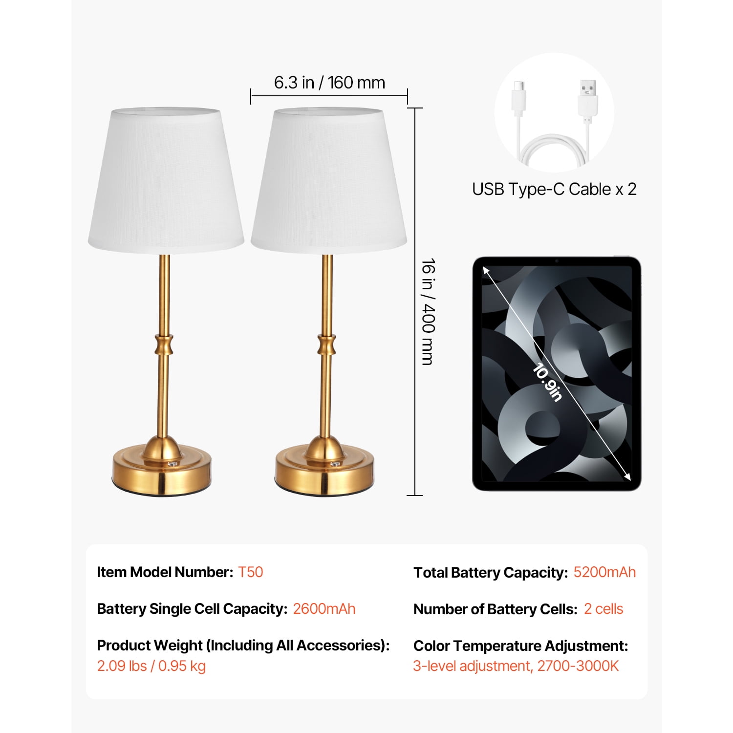 KFFKFF Cordless Table Lamp, 2-Pack, Rechargeable 5200mAh Battery, Adjustable 3-Level Brightness, Fabric Shade, 2700-3000K Warm Light, Ideal for Restaurants, Bedrooms, Bars, Gold Finish
