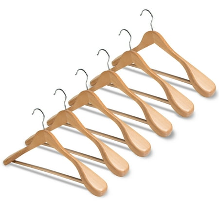 ShopoKus (6 Pack) High-Grade Wide Shoulder Wooden Hangers with Non Slip Pants Bar - Smooth Finish Solid Wood Suit Hanger Coat Hanger, Holds upto 20lbs, for Dress, Jacket, Heavy Clothes