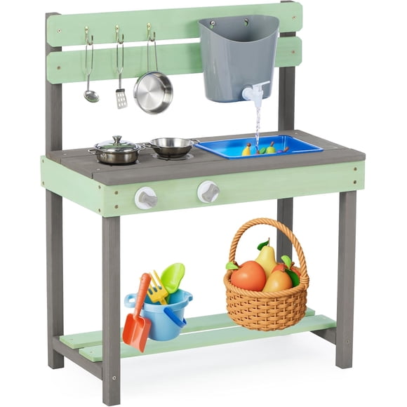 ZYPPPA Kid's Wooden Play Kitchen, Outdoor Mud Kitchen with Water Play Set and Cooking Toys, Backyard Play for 3+ Years Kid