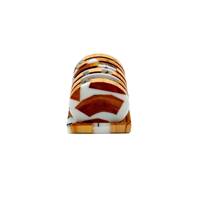 PORTAVASOS REDONDO RESINA BLANCA Y MADERA DE ACACIA SET DE 6