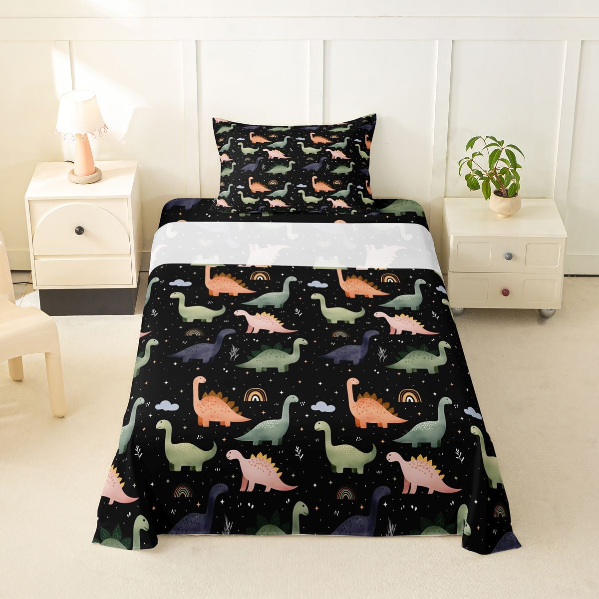 Homewish Cute Dino Twin Sheets Kawaii Dinosaur Bedding Black Rainbow Decor 3pcs 1 Fitted Sheet and 1 Pillowcase