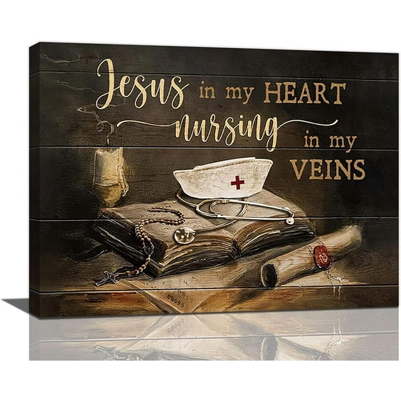 Nurse Office Decor Wall Art Christian Medical Stethoscope Nurse Cap Pictures Wall Decor Motivational Quotes Canvas Prints Framed Artwork For Office Bedroom Living Room 16"x12"