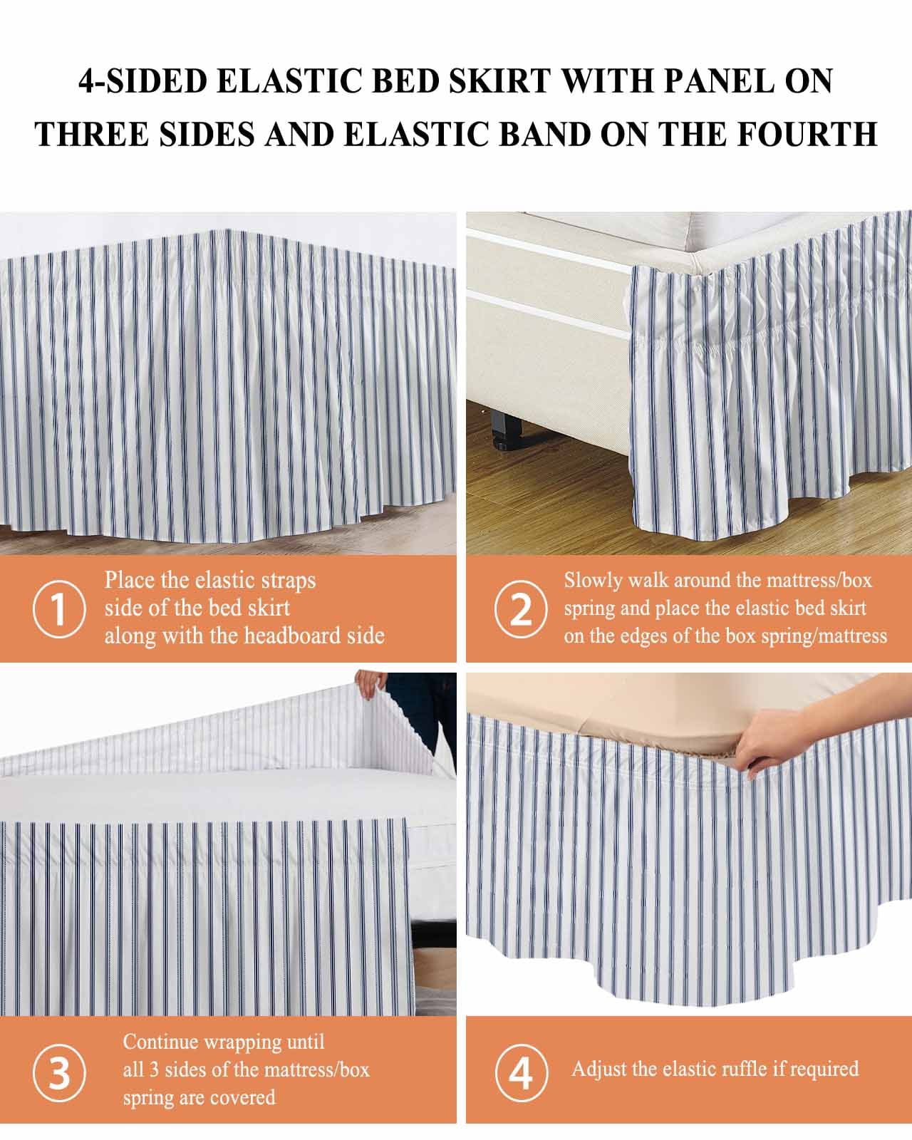 Navy Blue Striped Wrap Around Bed Skirts for Queen Bed 16" Drop,Bed Skirt with Adjustable Elastic Belt Dust Ruffle Bed Valance for Bedroom Hotel Navy Blue White Stripes Farmhouse Bed Frame Cover