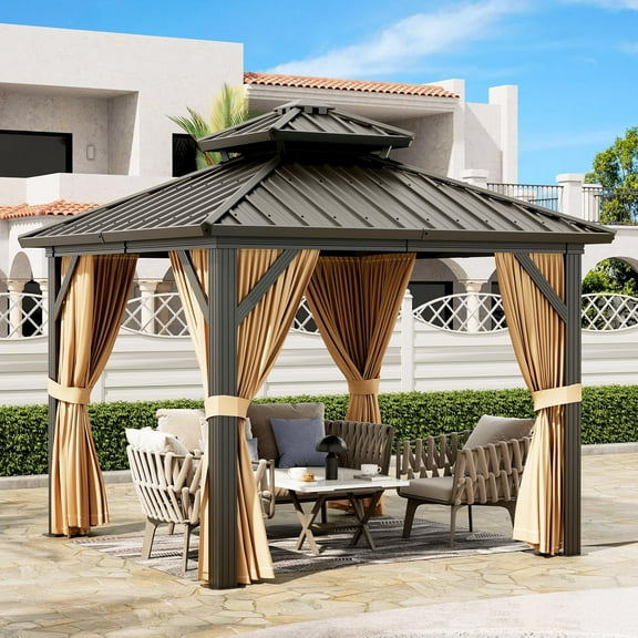10'x10' Hardtop Gazebo, Aluminum Frame Canopy with Double Galvanized Steel Roof, Outdoor Metal Pavilion with Curtains and Netting for Backyard, Patio and Deck, Khaki