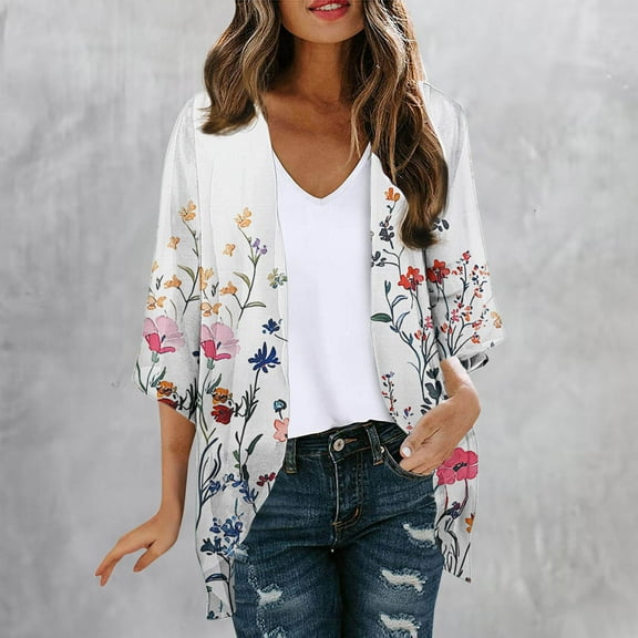 Vetsdori Fashion Jackets for Women Lightweight White Open Front Cardigans Vintage 3/4 Sleeve Fall Slim Fit Womens Cardigans Flower Print