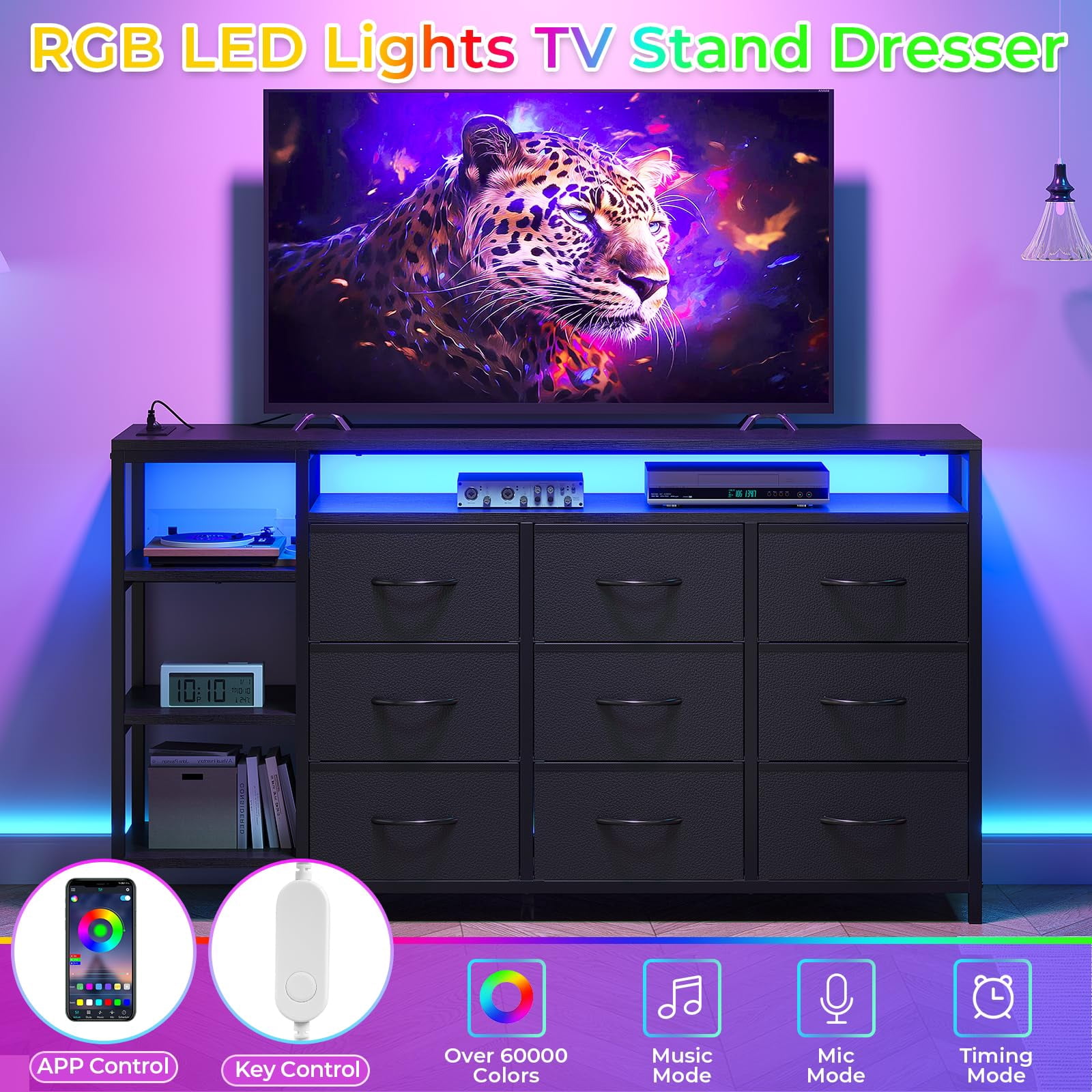9 Drawers Dressers with LED Lights & Powers Outlets, 53" TV Stand Dresser for 60 Inch TV, Entertainment Center with Drawers & Open Shelves for Living Room, Bedroom, PU Black