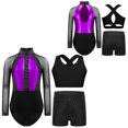 thumbnail image 5 of Aiihoo Kids Girls Gymnastics Ballet Dance Mesh Long Sleeve Shiny Rhinestones Leotard with Vest Shorts for Training Performance Purple 16, 5 of 5