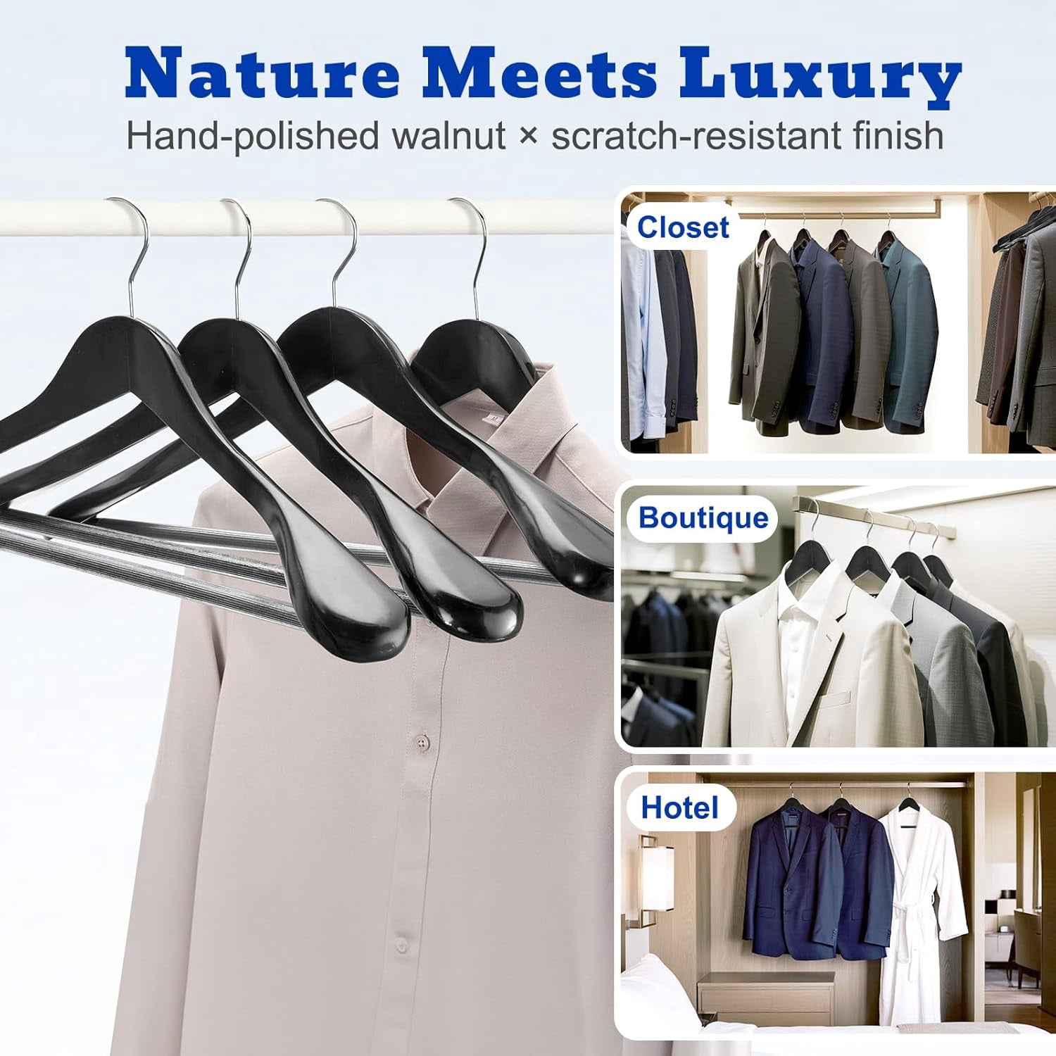 Solid Wood Wide Shoulder Hangers with Non-Slip Pants Bar, 360 °   Swivel Hook for Suits, Dresses, Jackets, and Heavy Clothes - 6 Pack (Walnut Finish)