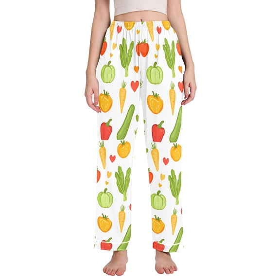 FORMRS Women's Pajama Pants with Pockets Soft Comfy Loungewear Sleep Bottom, Sizes S-2XL, White Vegetables Pattern