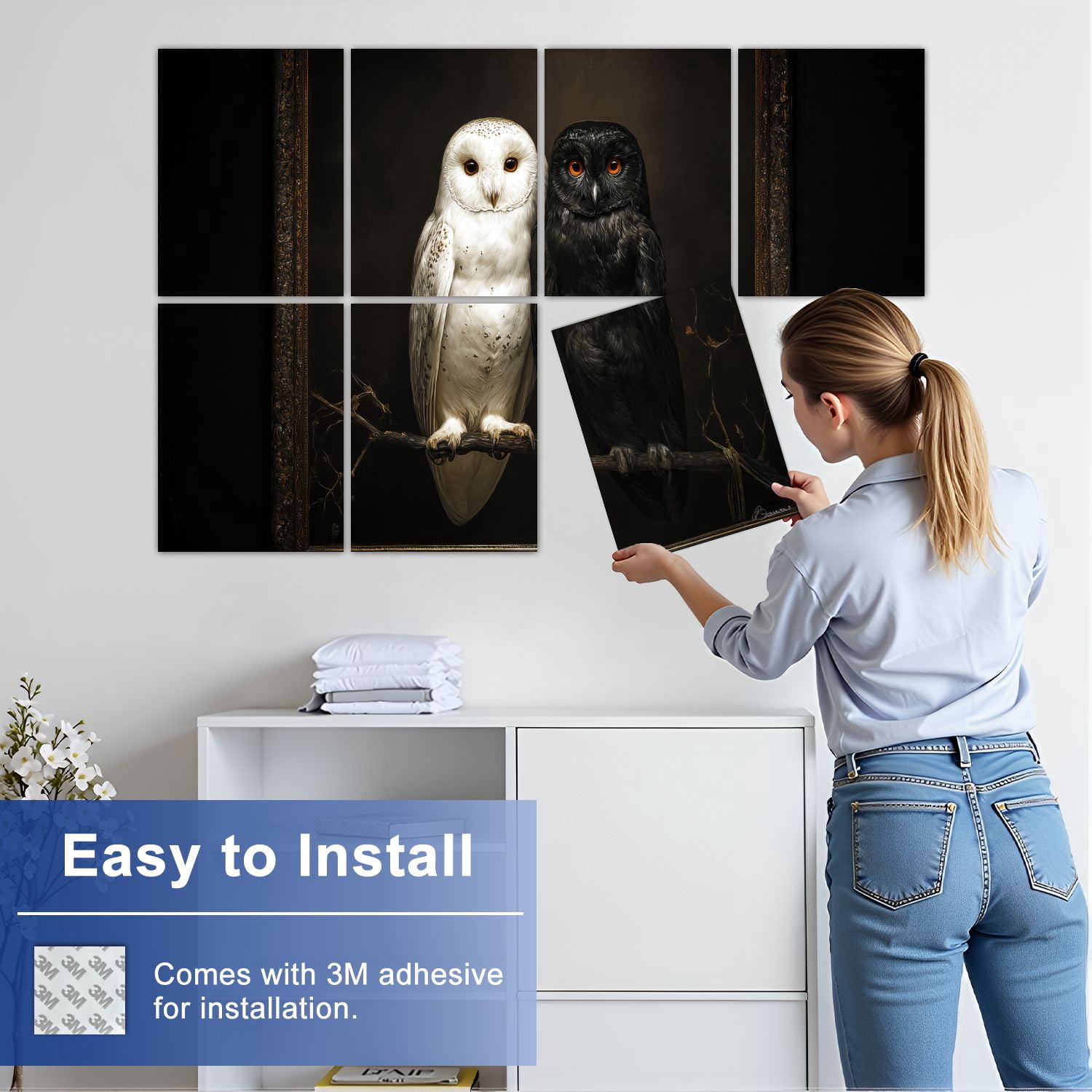Gothic 8 Pack Art Acoustic Panels Sound Absorbing White Black Owl Pair Dark Vintage Gothic Decorative Soundproof Wall Panels Self Adhesive for Nursery Game Room Bedroom 48"x32"