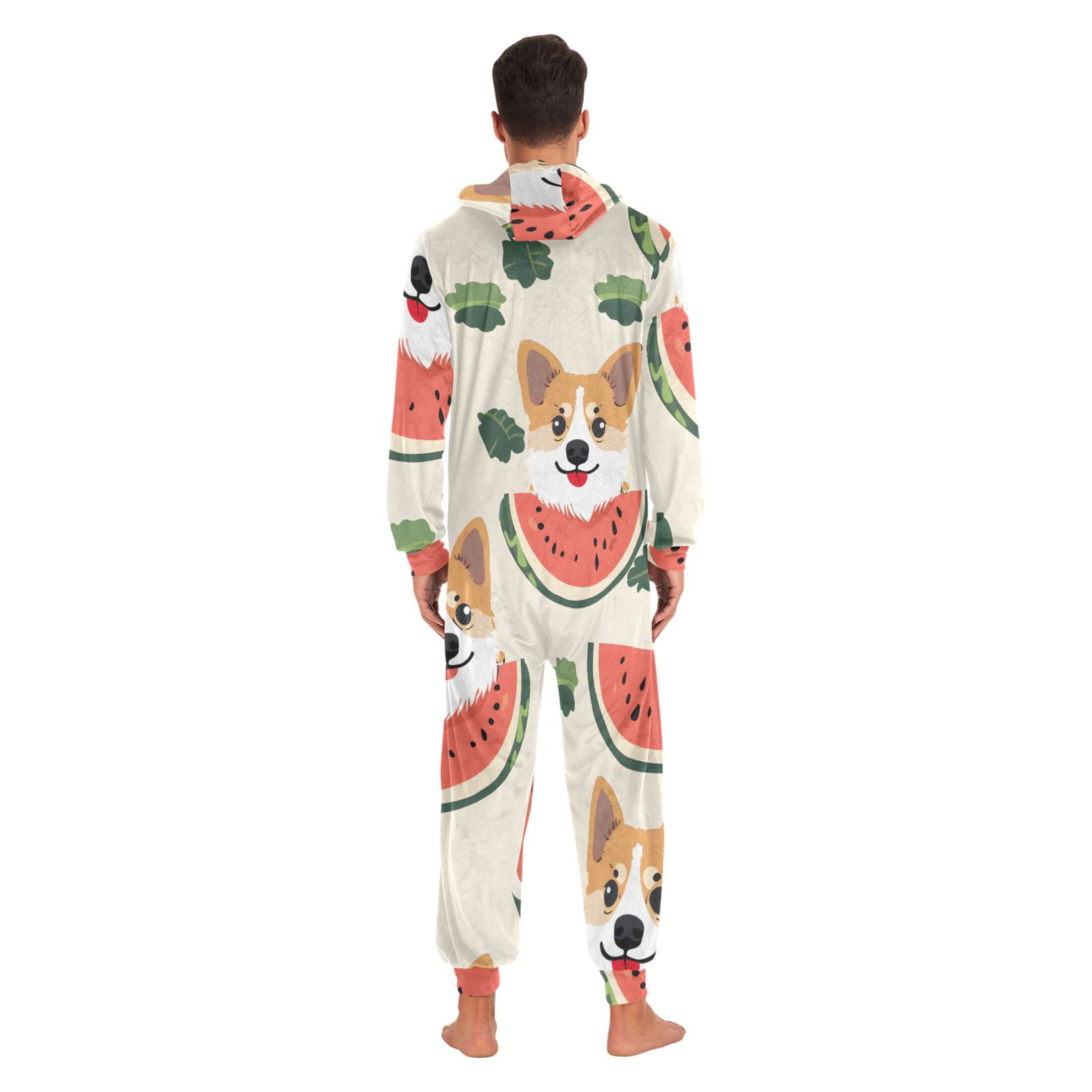 Dogs Eating Melons Leaves Adult's Hoodie Onesie Jumpsuit One-Piece Pajamas with Zipper Unisex for Holiday M
