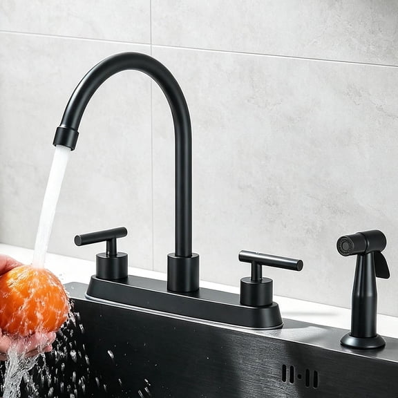 Matte Black Kitchen Faucet with Side Sprayer 2 Handle 3 Holes Swivel Mixer Tap