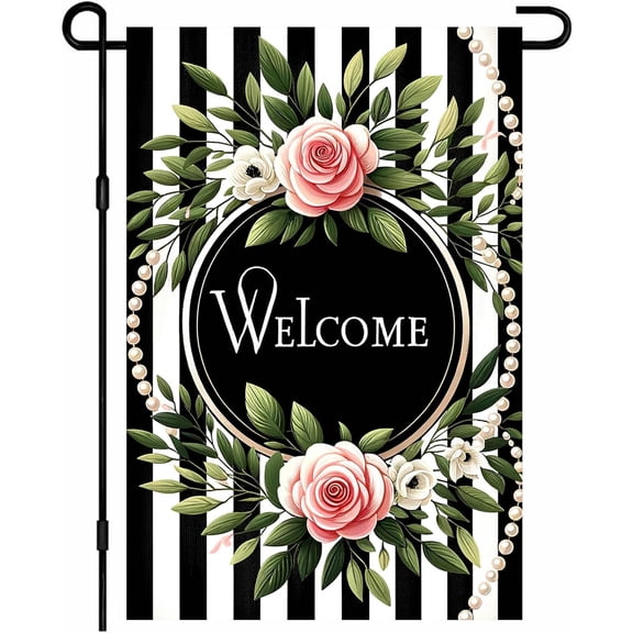 Welcome Garden Flag Spring Floral Yard Banner 12x18 Inch Double Sided Outdoor Decor with Pink Roses and Black and White Stripes for Farmhouse Patio Lawn Home Decoration
