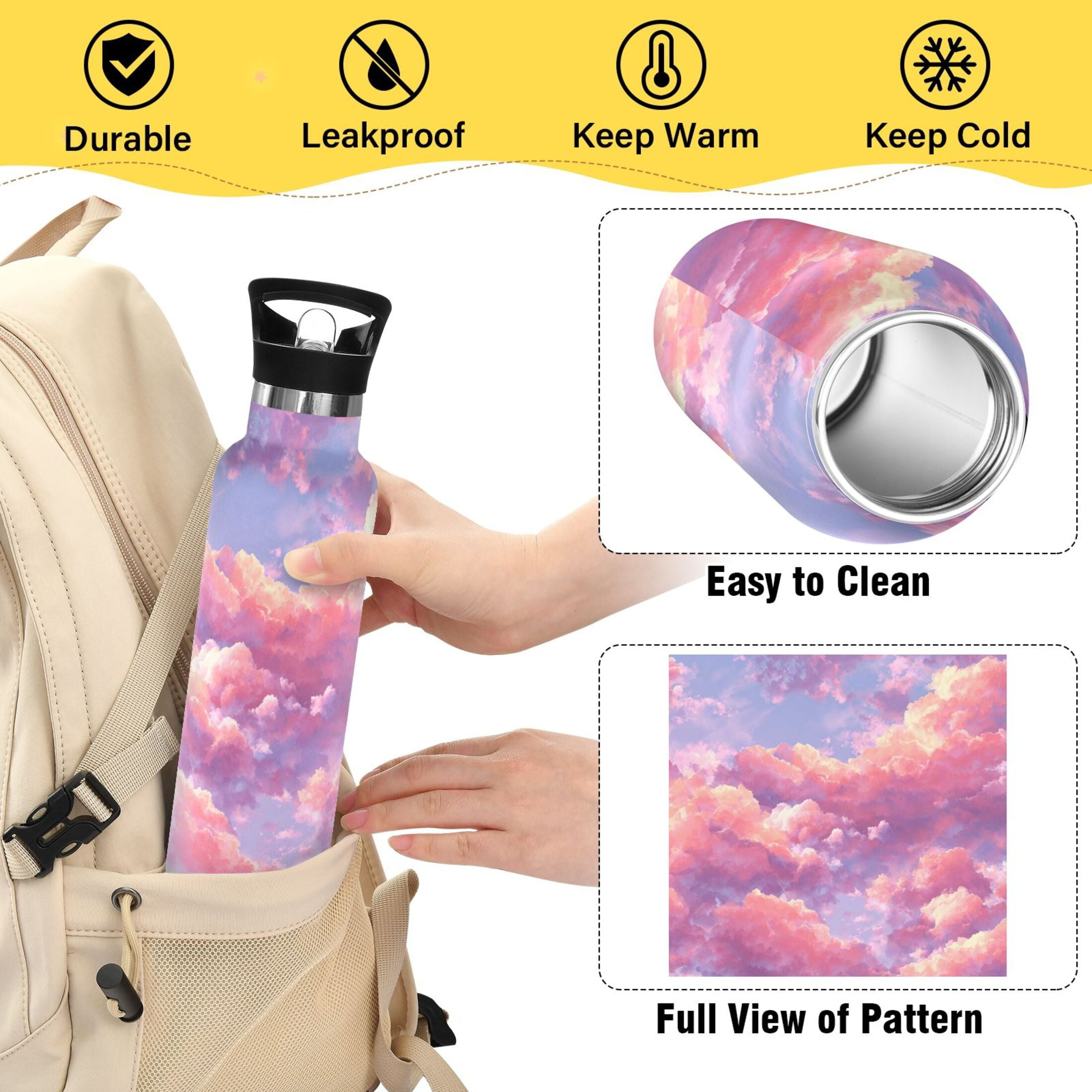600ML Stainless Steel Insulated Cup Sports Water Bottle Portable Thermos Cup Water Glasses Insulated Tumblers Convenient and Durable Beautiful Pink Clouds