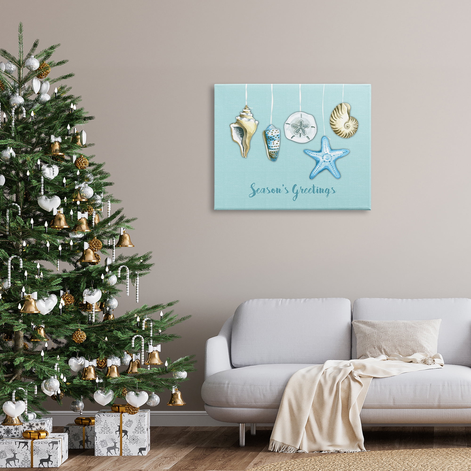 Season's Greetings Festive Beach Holiday Seashells Hanging Coastal Graphic Art Gallery-Wrapped Canvas Print Wall Art