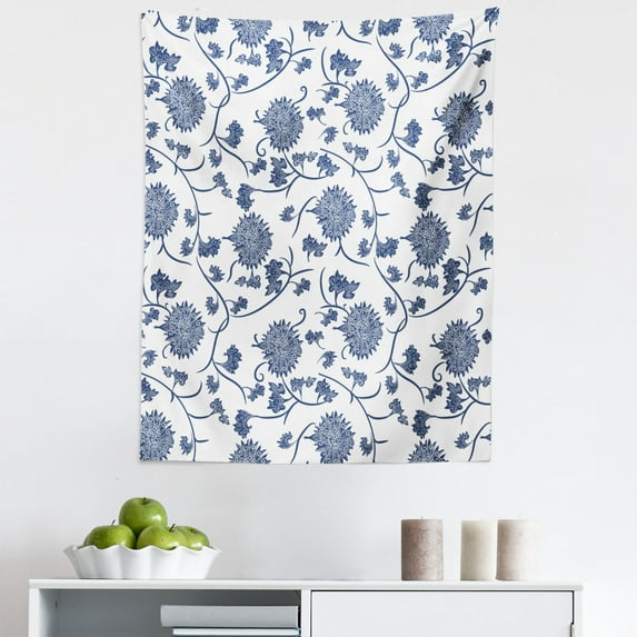 Blue Tapestry, Chinese Floral Garden Pattern Nature Inspirations with Traditional Ornament Design, Fabric Wall Hanging Decor for Bedroom Living Room Dorm, 5 Sizes, Blue White, by Ambesonne
