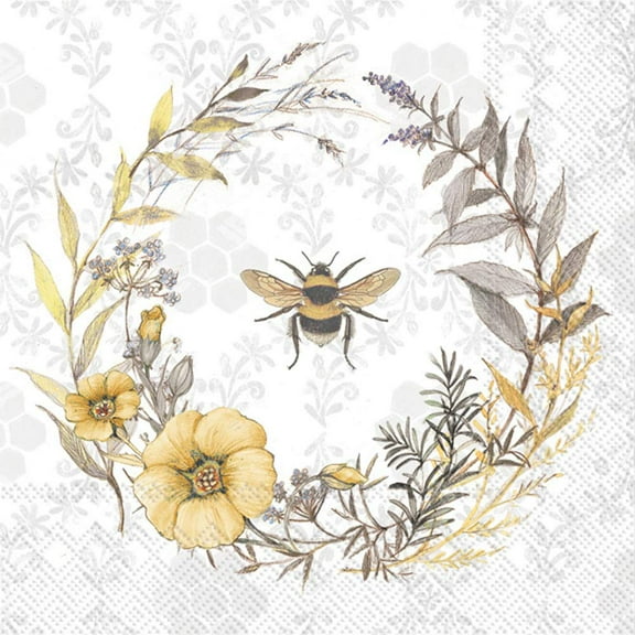 Boston International IHR 3-Ply Paper Lunch Napkins, 6.5" x 6.5", Bee Wildflower Wreath (Pack of 20)