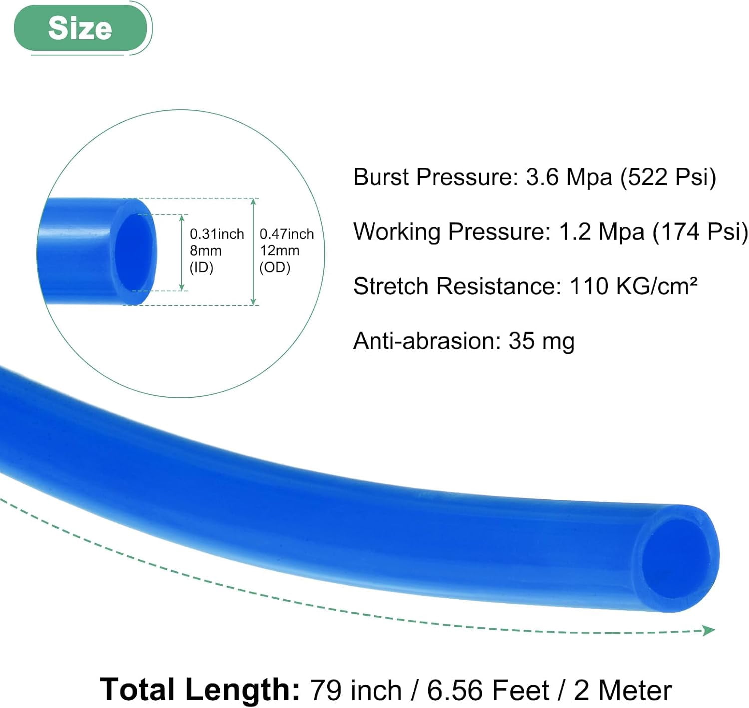 FRKSMD-Pneumatic Tubing Pipe, 8mm(ID) x12mm(OD) PU Polyurethane Air Compressor Hose for Air Compressor Fitting/Gas/Fluid Transfer, Air Hose Line Tube [2M/6.56ft, Blue]