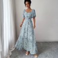 thumbnail image 4 of Womens Summer Dresses, Floral Chiffon Long Maxi Dress, Square Neck Puff Sleeve Ruched Waist Flowy Dress Navy M, 4 of 6