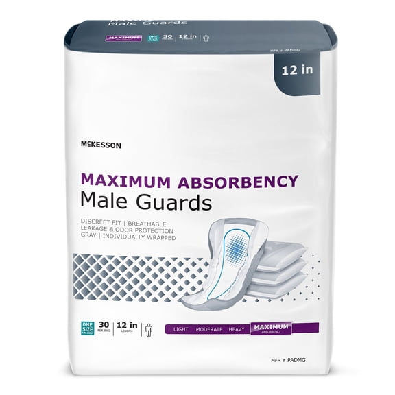 McKesson Male Guards for Men, Maximum Absorbency - Incontinence Pads with 12-Hour Leak Protection, Odor Control, Soft & Breathable, 30 Count, 1 Pack