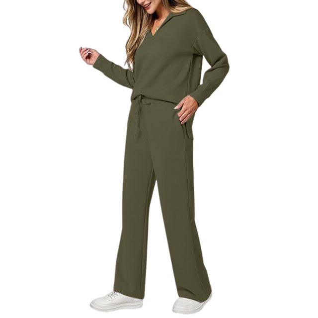 Conjuntos de Dos Piezas para Mujer, Moda de Otoño 2025, Pantalones Anchos, Conjunto de Estar por Casa, para Viajes y Vacaciones. Verde XXXL