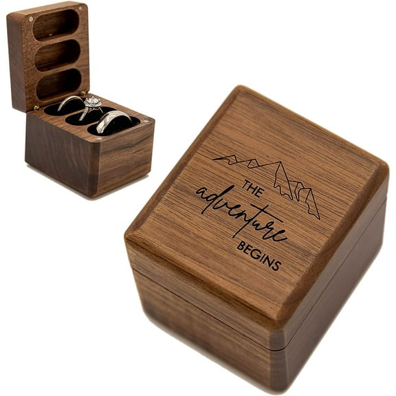 MUUJEE The Adventure Begins Engraved Wood Ring Box for 3 Rings - Triple Wooden Ring Holder for Engagement Wedding Ceremony Ring Bearer Box