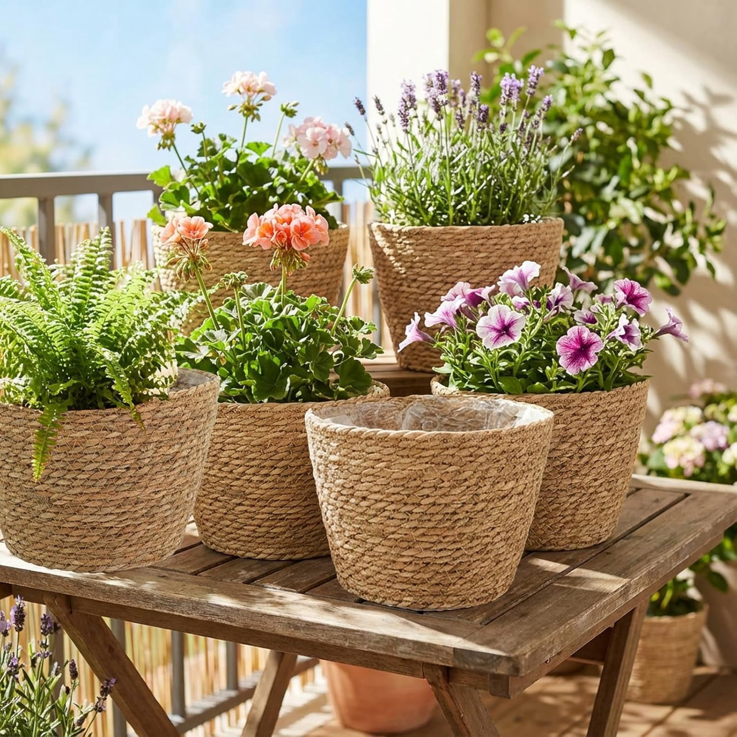 HoliHive 5 Pcs Large Premium Seagrass Planter Basket - Stylish Planter Baskets Woven Wicker Baskets with Plastic Lining for Indoor Outdoor Flower Plants Pots Cover Room Decor