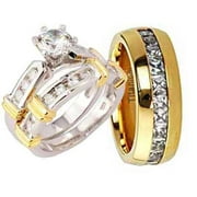 His and Hers Wedding Ring Sets Two-Tone Sterling Silver CZ Male Titanium Band W-8 & m-8.5
