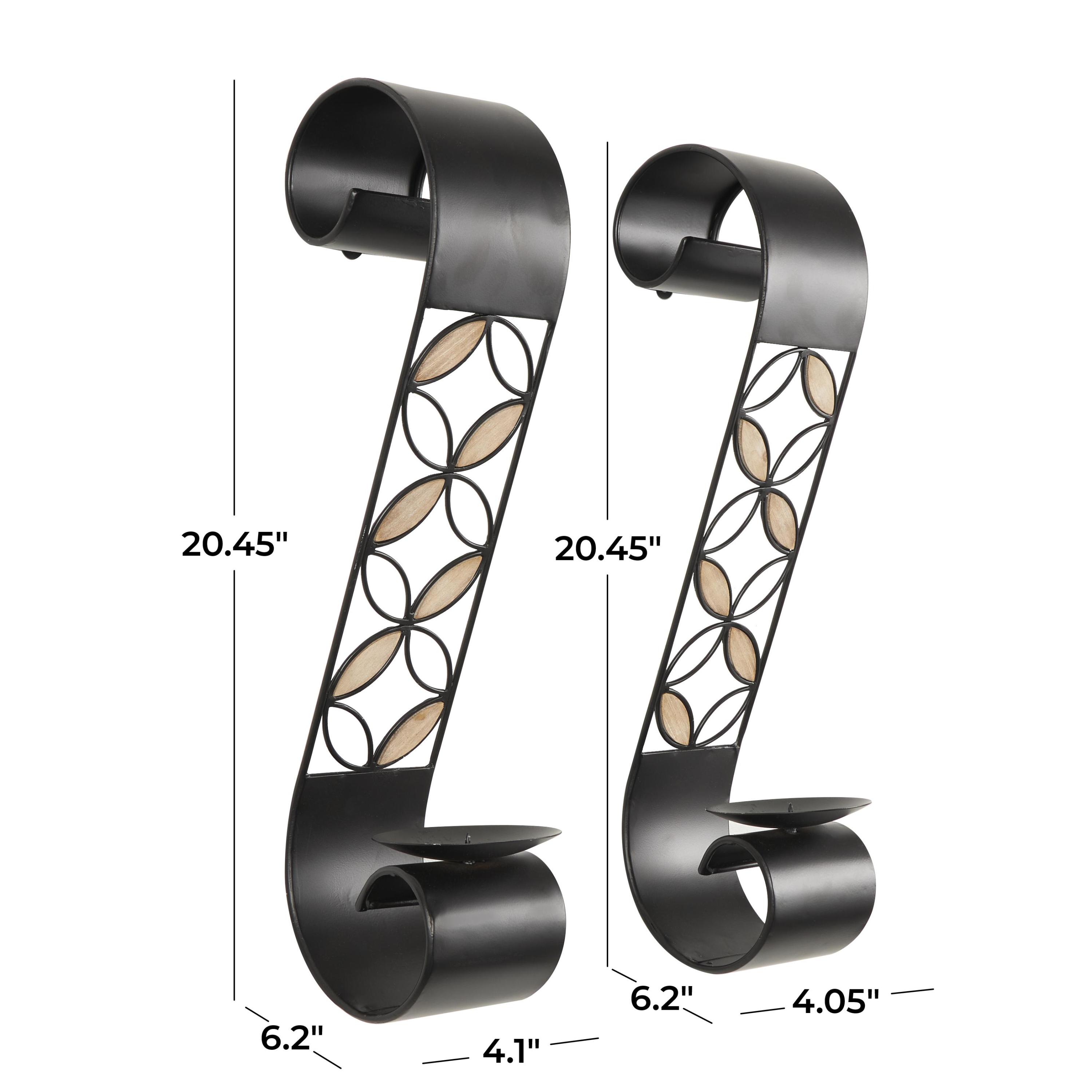 DecMode 2 Holder Black Metal Scroll Wall Sconce with Floral Patterns and Wood Accents, Set of 2
