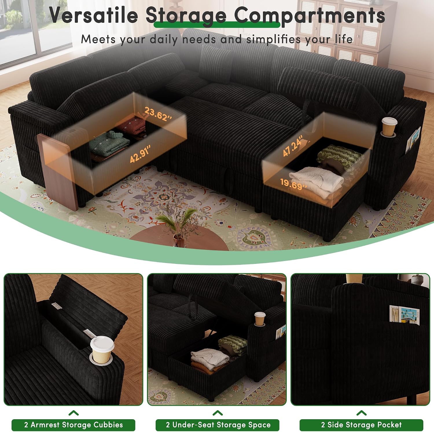 ShiKeyi 100'' Pull-out Sofa With USB ports, Table Board and Cup Holder, Comfortable Soft Cushioned Corduroy Fabric Sofa Bed, Extra-large U-shaped Combination Storage sofa bed, Black