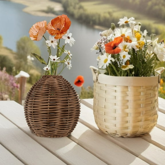WRITWAA Dried Flower Holder Wicker Flower Vase Plastic Woven Rustic Home Decor 1Pack