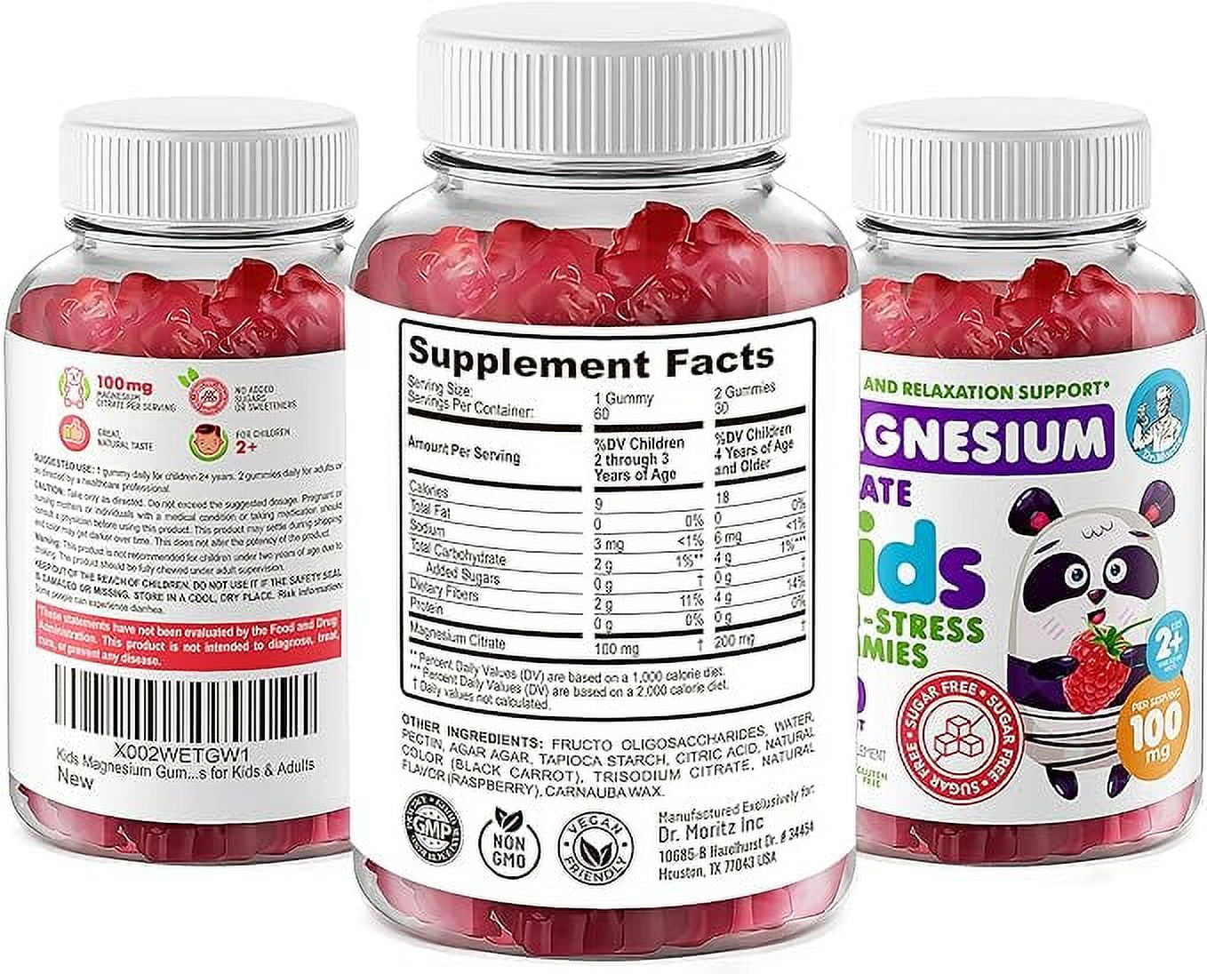 Dr. Moritz Kids Calm Magnesium Gummies, Sugar-Free, 60 Gummies, Raspberry