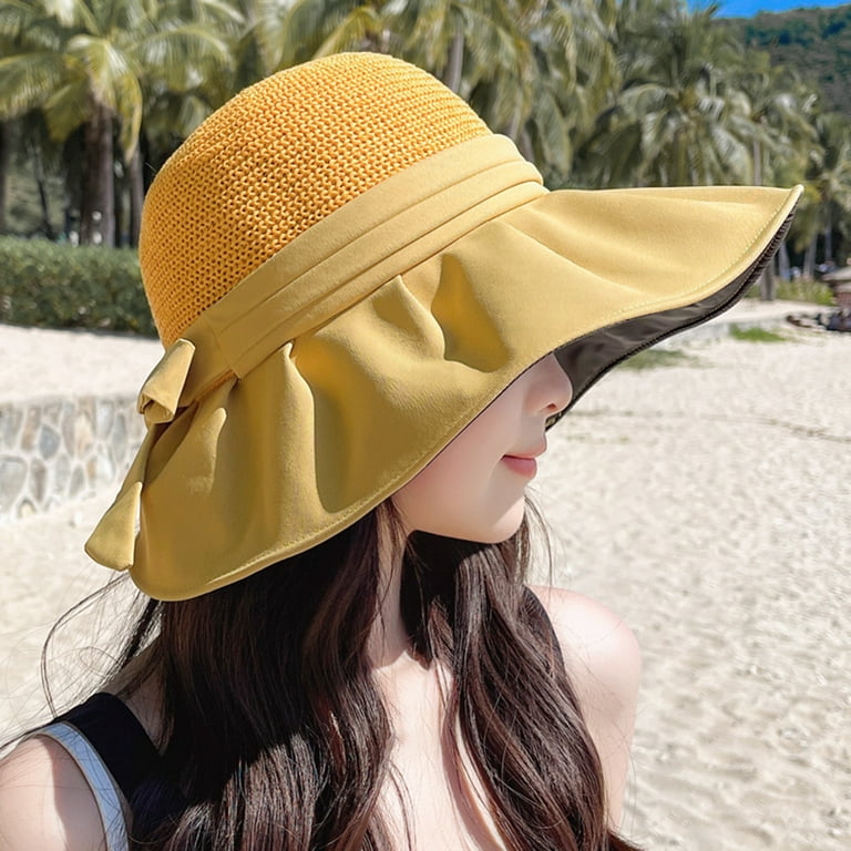 CXDa Women Fisherman Hat Sunscreen Anti-UV Patchwork Fasten String Big Brim  Bucket Hats Beach Headwear