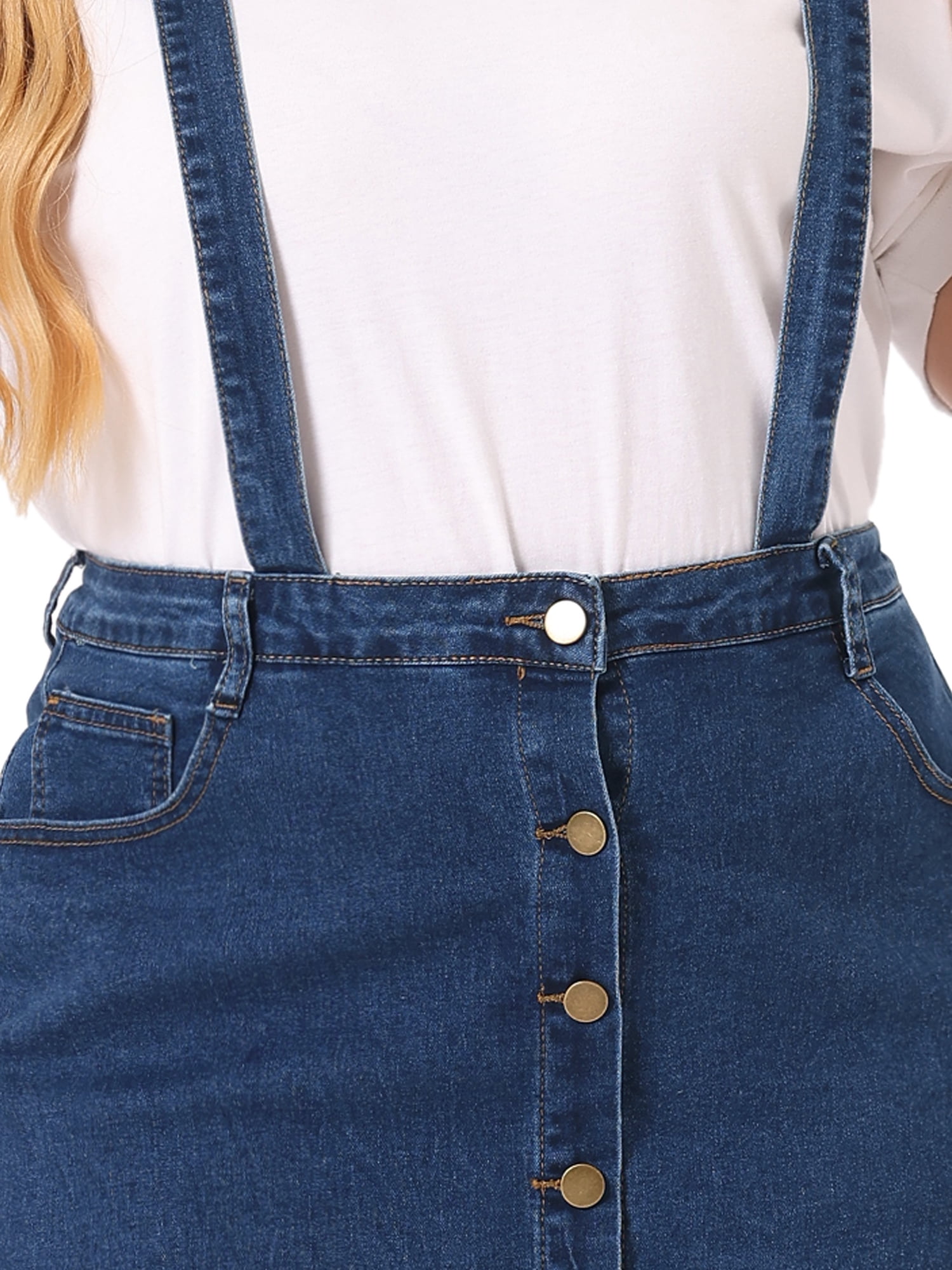 DARING DIVA Women's Plus Size Suspender Adjustable Strap Denim A-Line Dress 3X Dark Blue