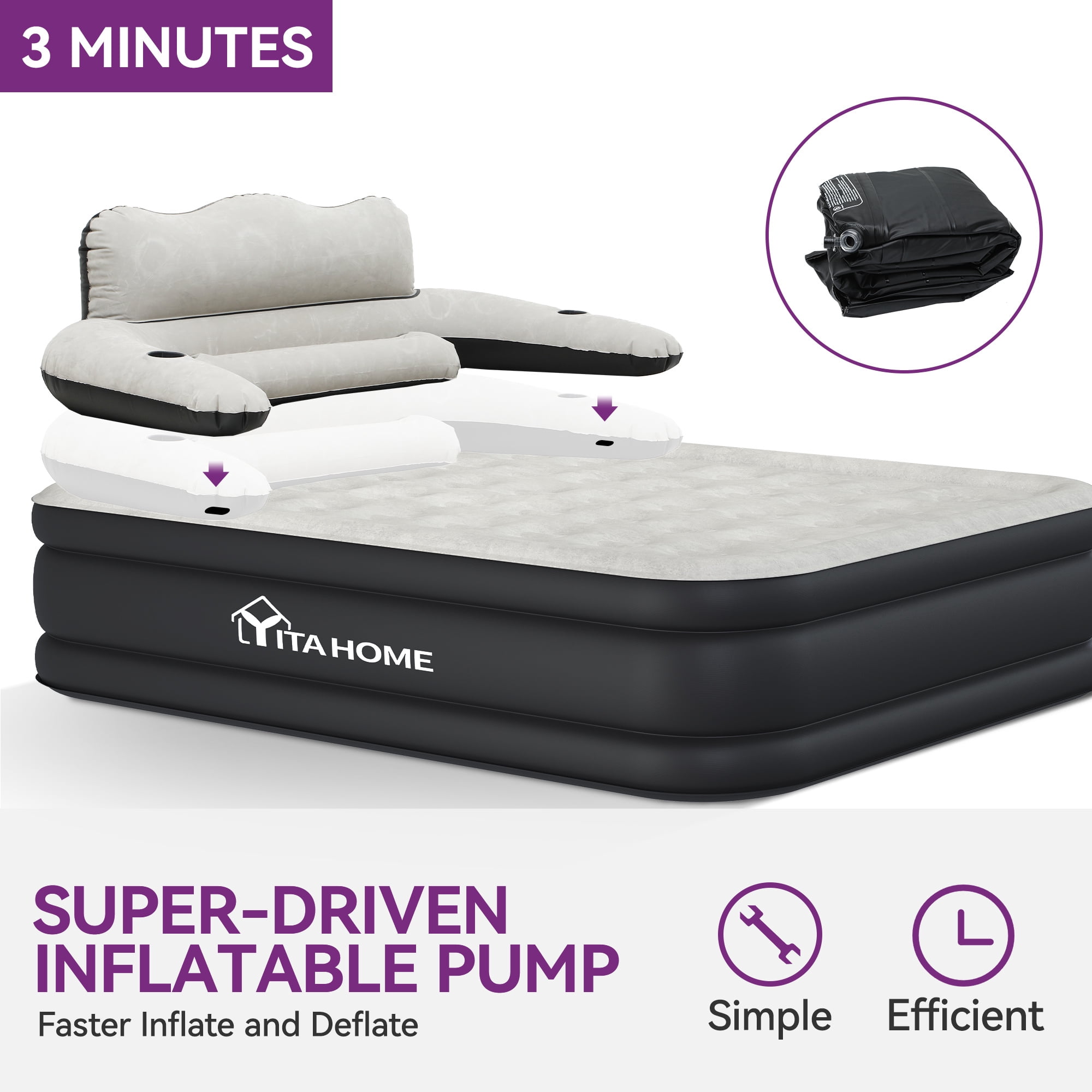 Uforic Queen Size Inflatable Air Mattress with Headboard, Built-in 120V Pump & Carry Bag, 18 Inch Height Blow Up Mattress for Home Camping Travel